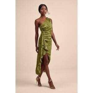 Lulus Vasia Olive Green Jacquard One-shoulder Midi Dress - Size S